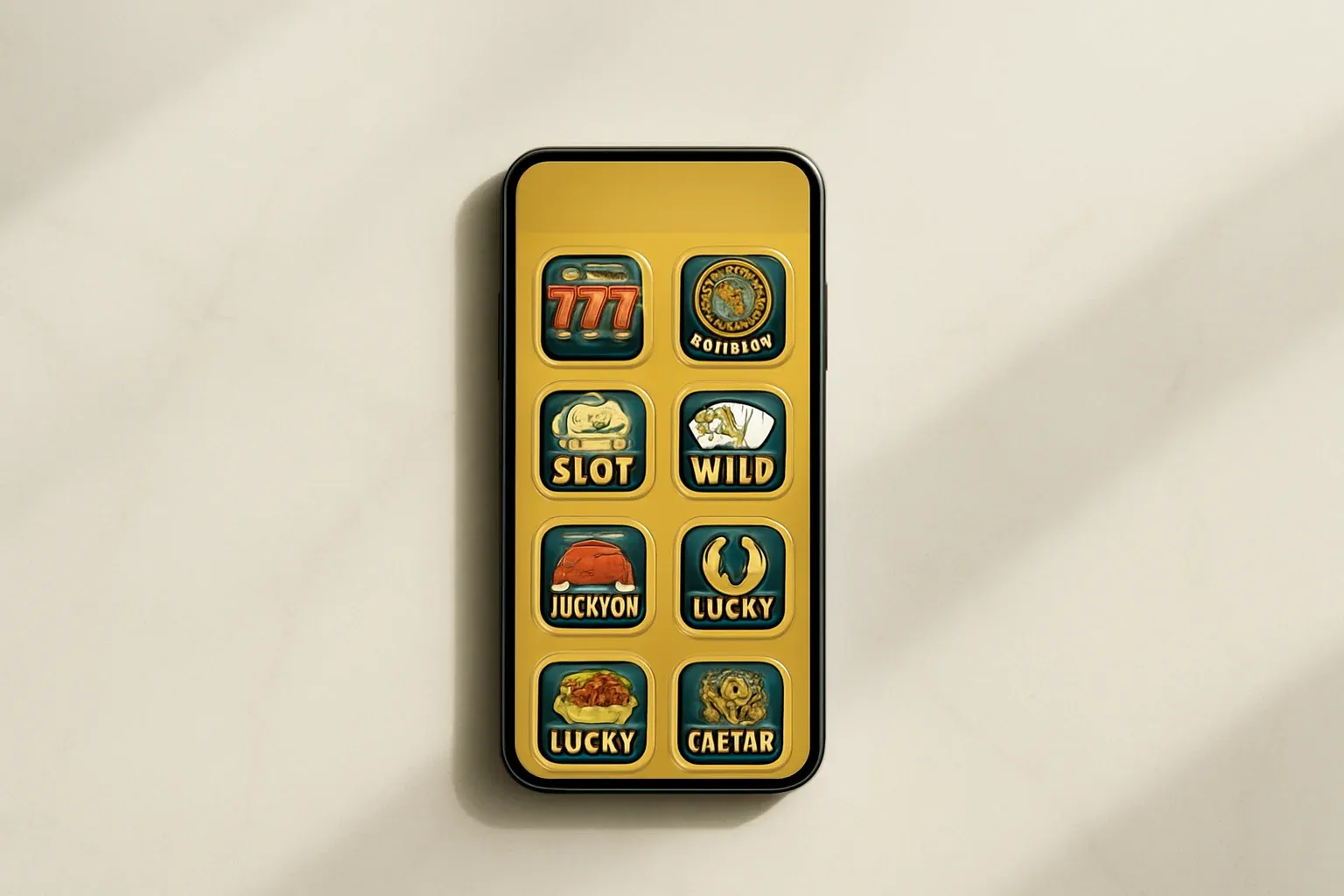 Casino App Smartphone Smartphone on white marble showing bright casino game selection grid