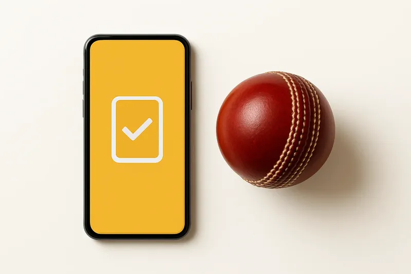 Smartphone with bright betting app beside cricket ball on white background
