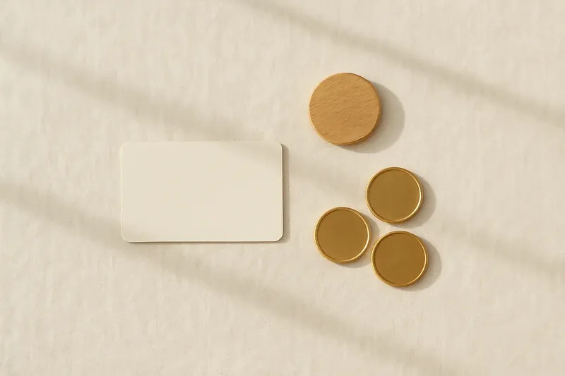 Loyalty card, bonus token and gold coins on white linen