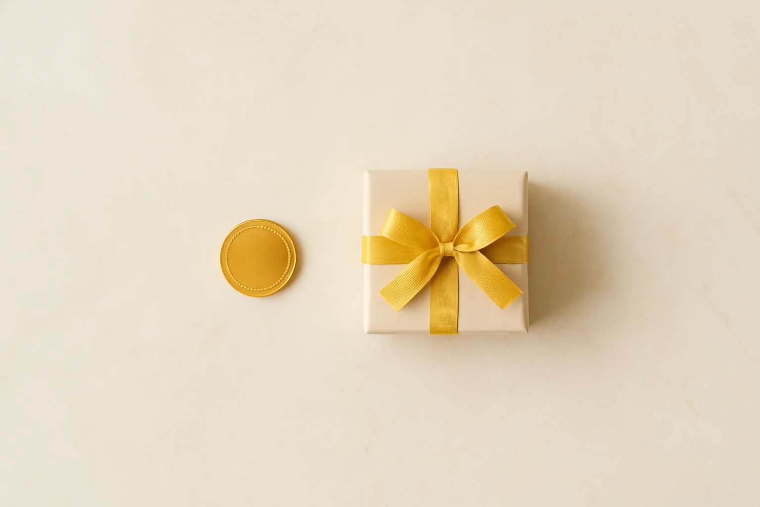 Bonus Coin Gift Single gold coin beside small unwrapped gift box on cream marble
