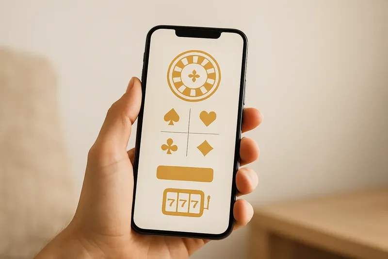 Hand holding smartphone with clean light-themed casino interface