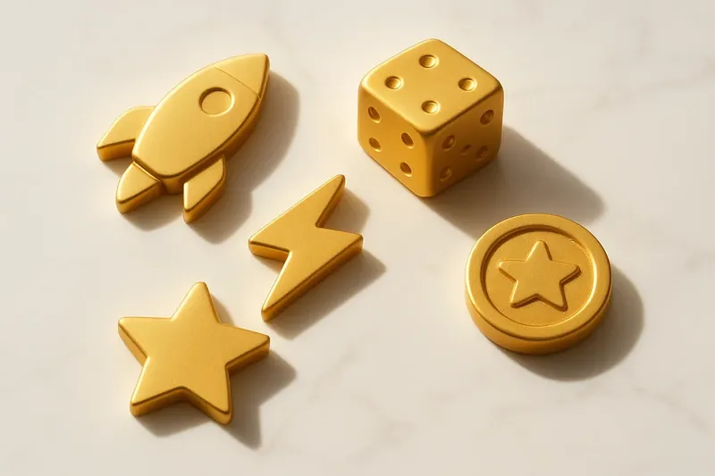 Five 3D instant game symbols on white marble flat lay