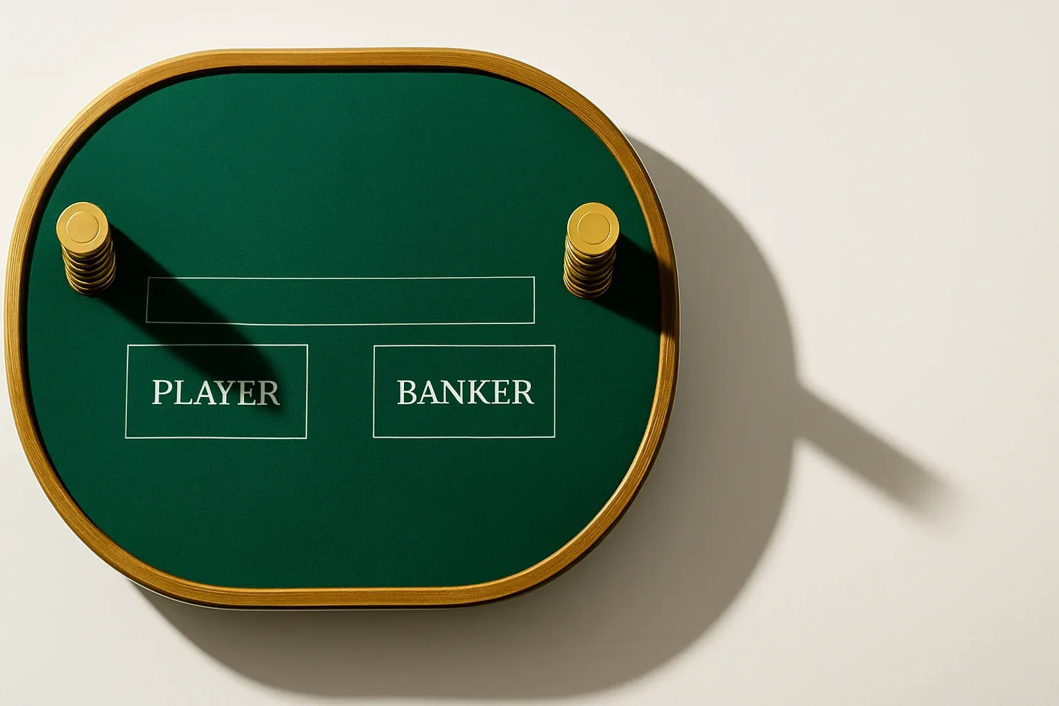 Overhead live baccarat table with gold chip towers and geometric shadows