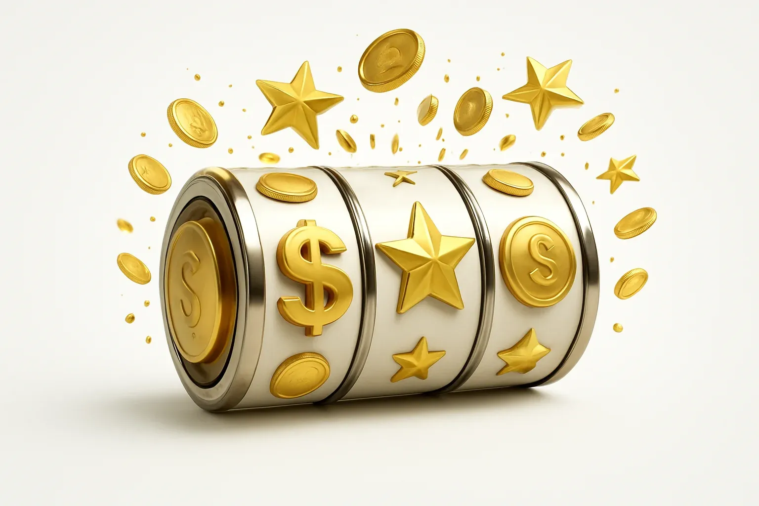 Colorful slot machine reels with gold symbols, coins, and exploding stars